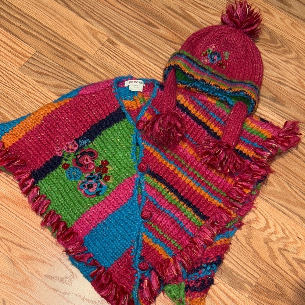 KENZO kids vintage poncho Multicolor Knit with matching hat set winter 2T